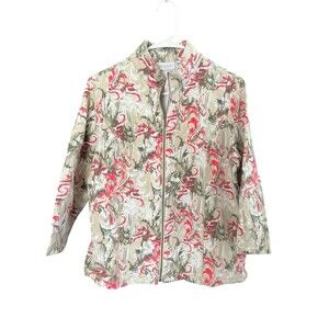 Weekends by Chicos Jacket Women's Size 2 Green Pink Full Zip 3/4 Sleeve